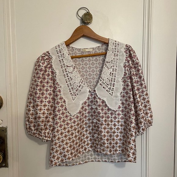 Maje Cosange Guipure Lace-Trimmed Printed Linen Blouse - Picture 13 of 16